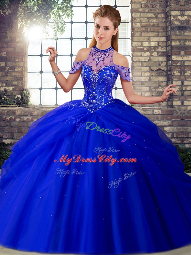 Royal Blue Sleeveless Brush Train Beading and Pick Ups Sweet 16 Dresses