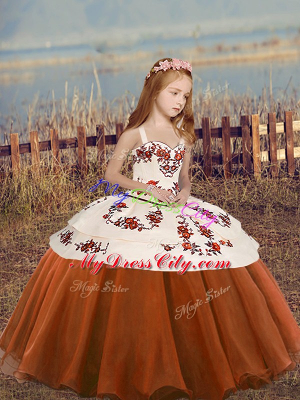 Rust Red Lace Up Kids Pageant Dress Embroidery and Ruffled Layers Sleeveless Floor Length