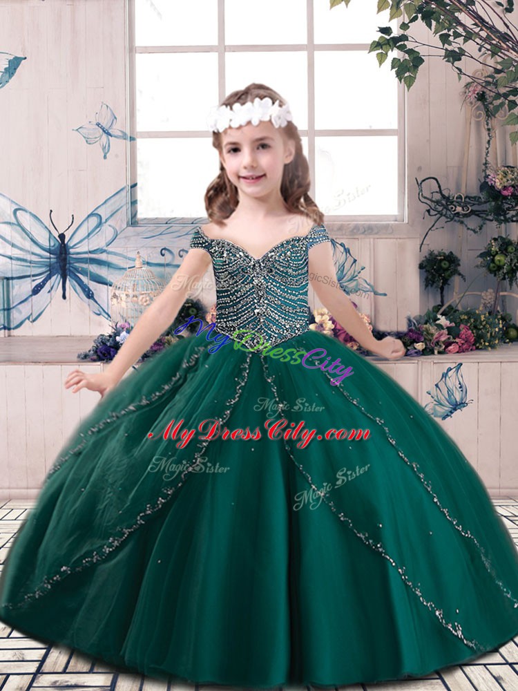 Latest Straps Sleeveless Pageant Dress Toddler Floor Length Beading Dark Green Tulle