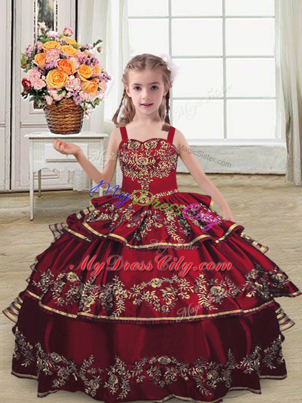 Elegant Burgundy Lace Up Straps Embroidery and Ruffled Layers High School Pageant Dress Satin Sleeveless