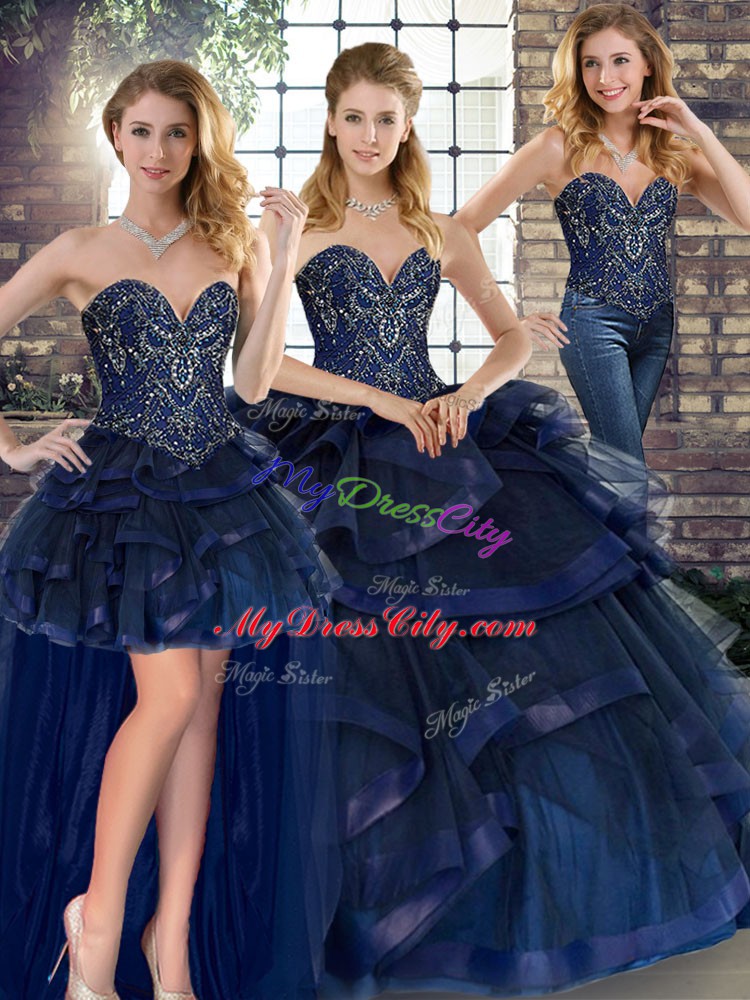 Trendy Floor Length Navy Blue Quinceanera Gown Sweetheart Sleeveless Lace Up