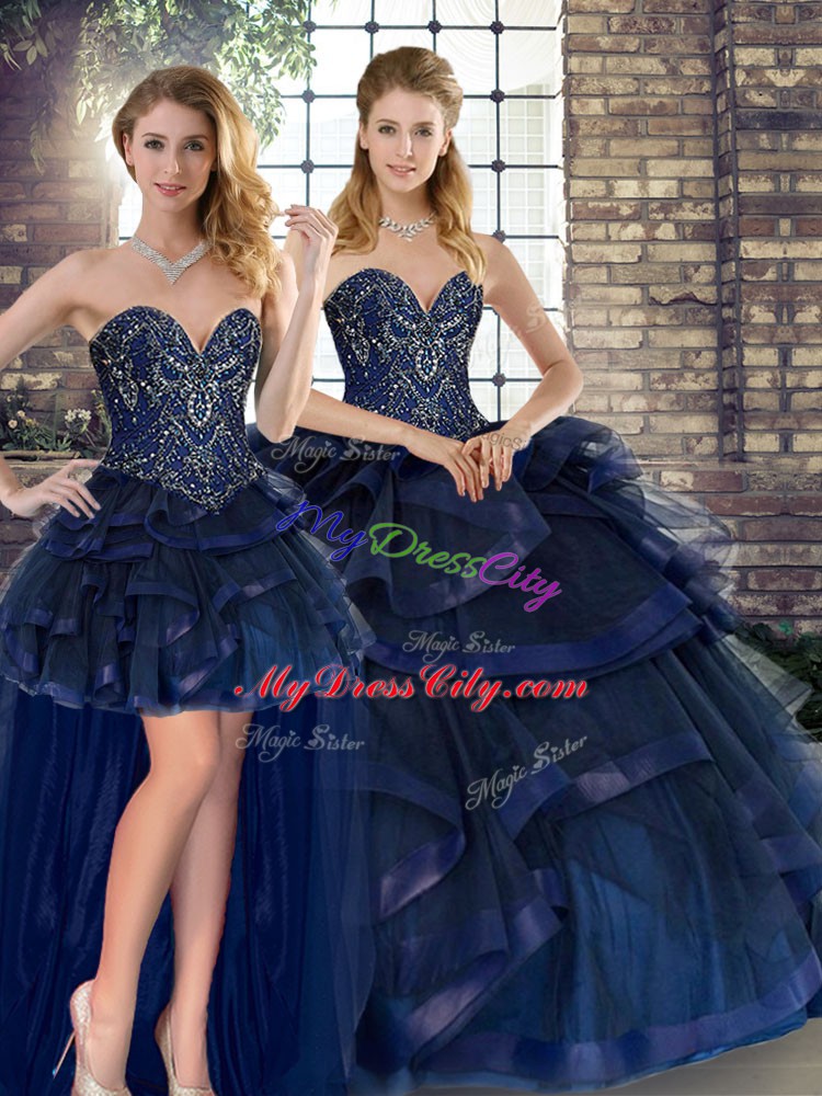 Trendy Floor Length Navy Blue Quinceanera Gown Sweetheart Sleeveless Lace Up