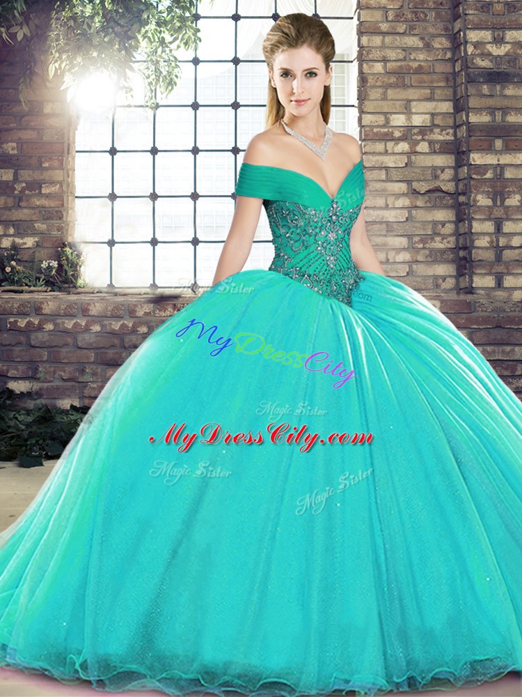 Luxurious Turquoise Ball Gowns Off The Shoulder Sleeveless Organza Brush Train Lace Up Beading Quinceanera Gown