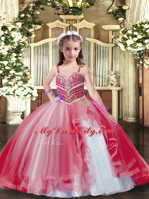 Ball Gowns Pageant Dress for Girls Red Straps Tulle Sleeveless Floor Length Lace Up