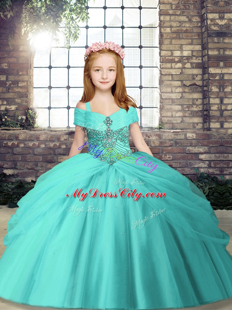 Aqua Blue Ball Gowns Straps Sleeveless Tulle Floor Length Lace Up Beading Pageant Gowns