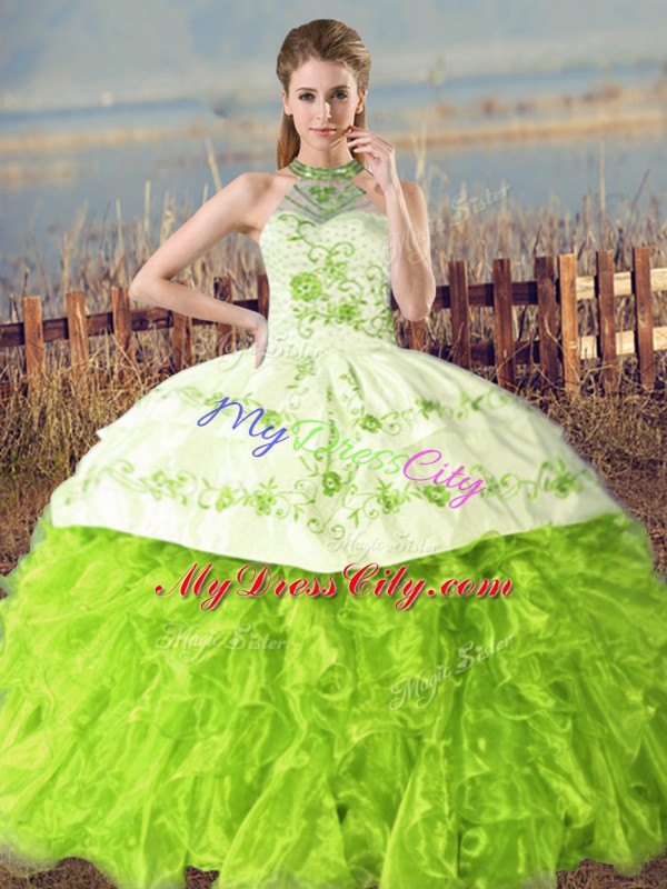 Sleeveless Floor Length Embroidery and Ruffles Lace Up Quinceanera Gown