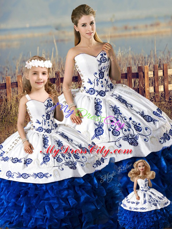 Luxurious Floor Length Blue And White 15th Birthday Dress Organza Sleeveless Embroidery and Ruffles