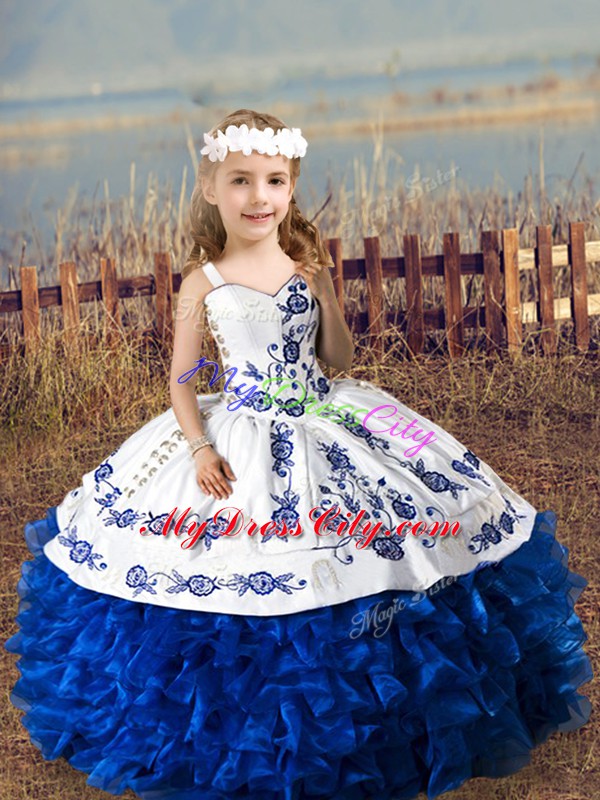 Luxurious Floor Length Blue And White 15th Birthday Dress Organza Sleeveless Embroidery and Ruffles