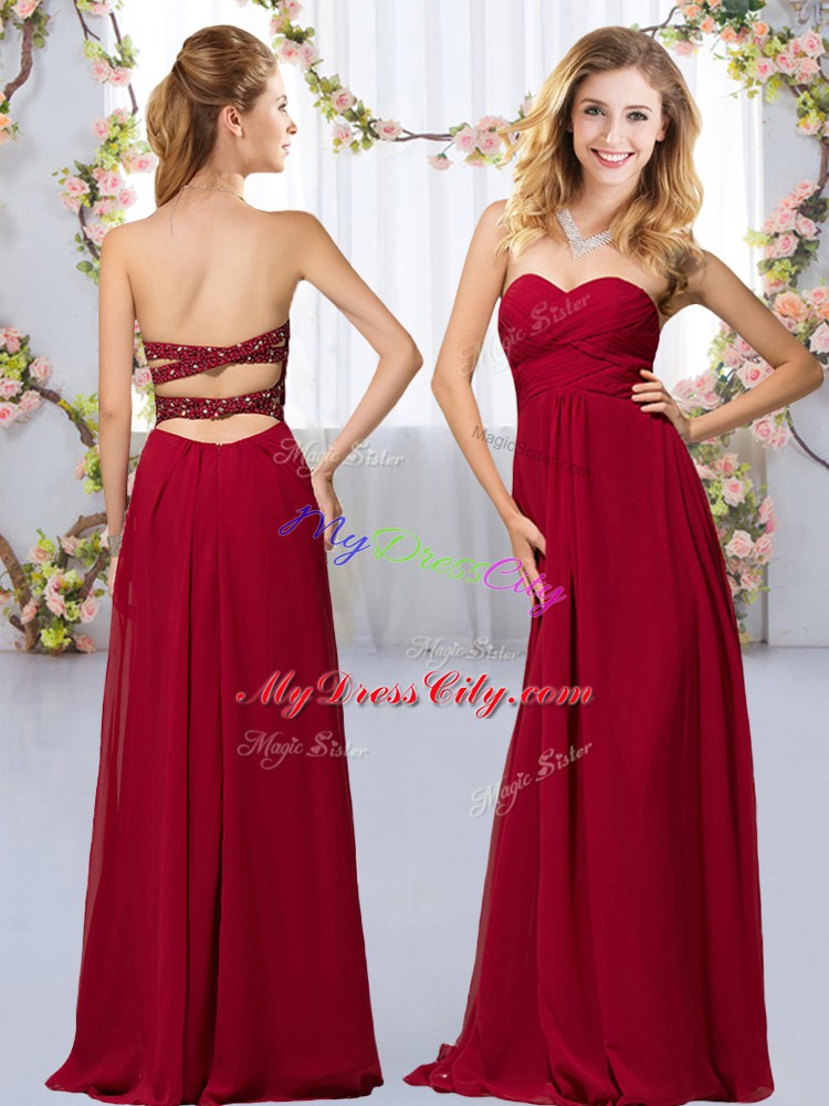 Latest Floor Length Wine Red Wedding Party Dress Chiffon Sleeveless Beading