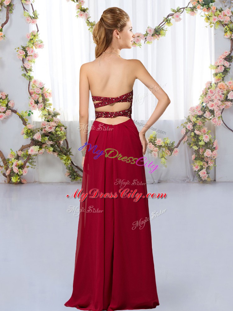 Latest Floor Length Wine Red Wedding Party Dress Chiffon Sleeveless Beading