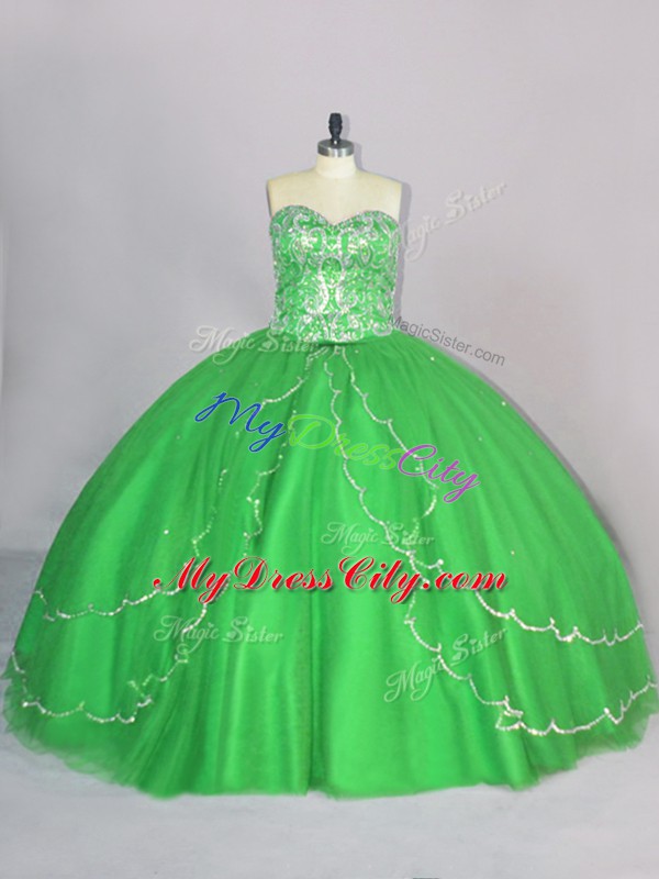 Tulle Lace Up Sweetheart Sleeveless Quinceanera Dress Brush Train Beading