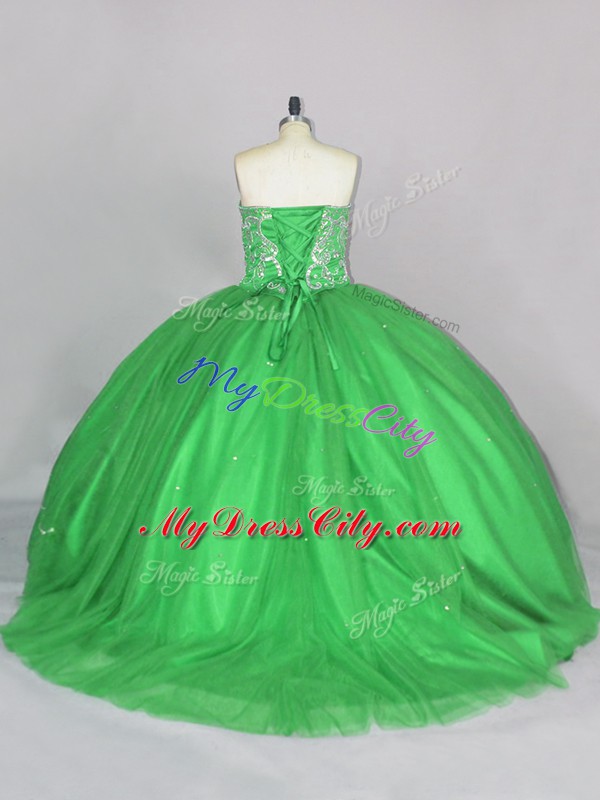 Tulle Lace Up Sweetheart Sleeveless Quinceanera Dress Brush Train Beading