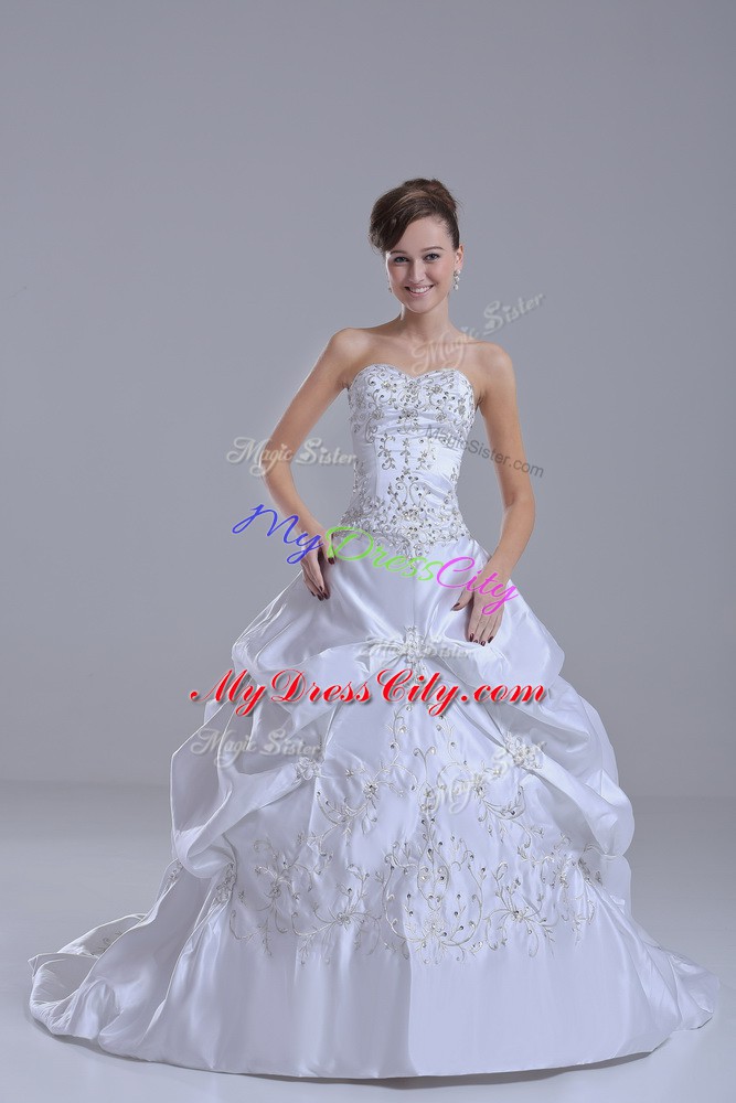 Custom Design Taffeta Sweetheart Sleeveless Brush Train Lace Up Beading and Pick Ups Wedding Dresses in White