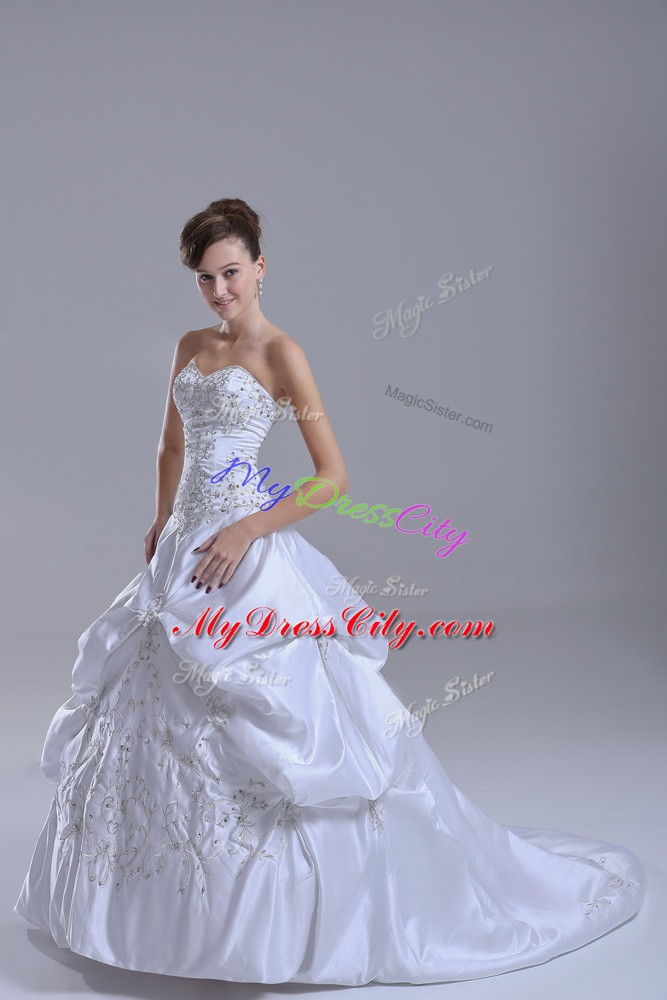 Custom Design Taffeta Sweetheart Sleeveless Brush Train Lace Up Beading and Pick Ups Wedding Dresses in White