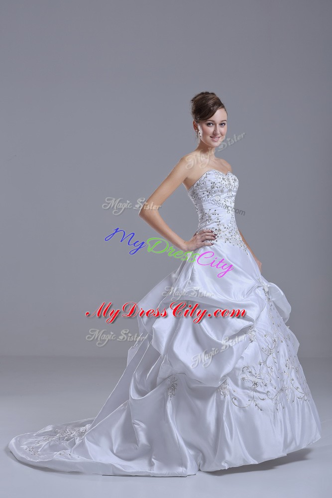 Custom Design Taffeta Sweetheart Sleeveless Brush Train Lace Up Beading and Pick Ups Wedding Dresses in White