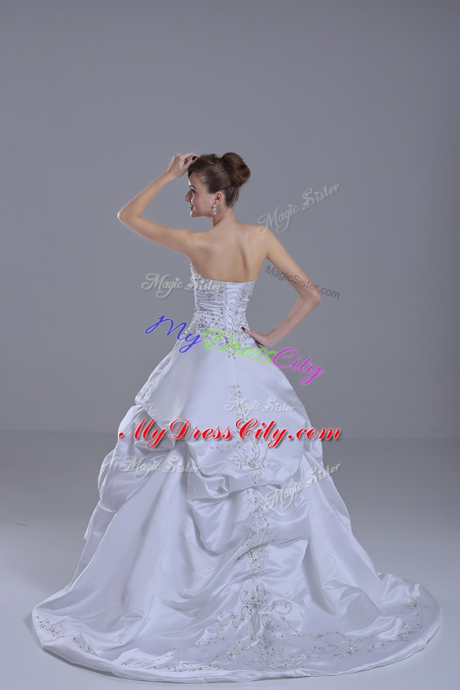 Custom Design Taffeta Sweetheart Sleeveless Brush Train Lace Up Beading and Pick Ups Wedding Dresses in White