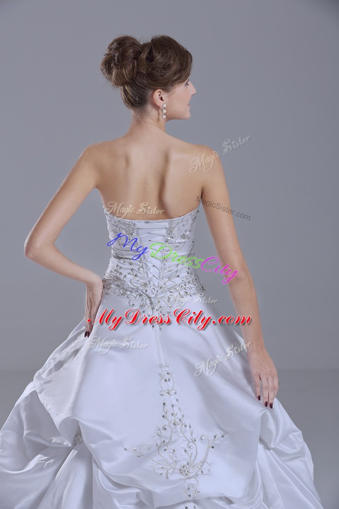 Custom Design Taffeta Sweetheart Sleeveless Brush Train Lace Up Beading and Pick Ups Wedding Dresses in White