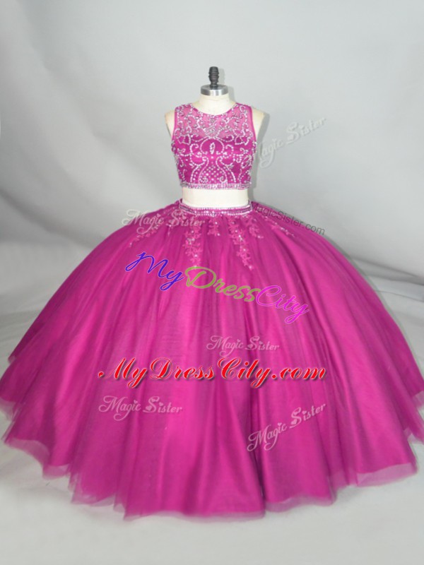 Luxury Scoop Sleeveless 15 Quinceanera Dress Floor Length Beading Fuchsia Tulle