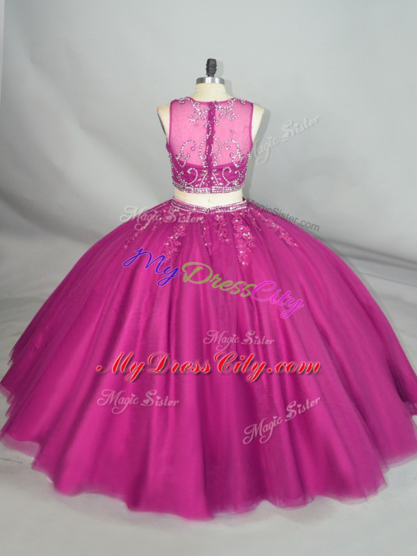 Luxury Scoop Sleeveless 15 Quinceanera Dress Floor Length Beading Fuchsia Tulle