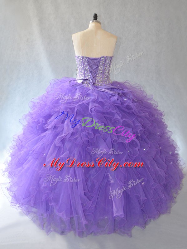 Lavender Sleeveless Beading and Ruffles and Sequins Floor Length Quinceanera Dresses