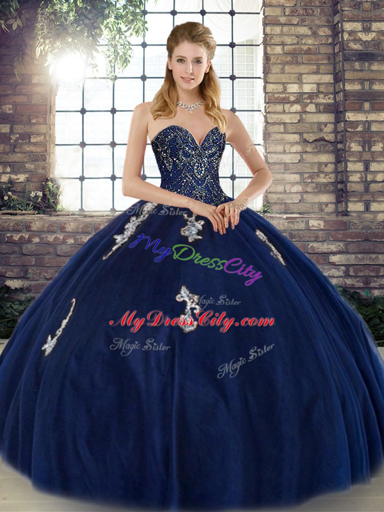 Navy Blue Ball Gowns Tulle Sweetheart Sleeveless Beading and Appliques Floor Length Lace Up Quinceanera Dresses