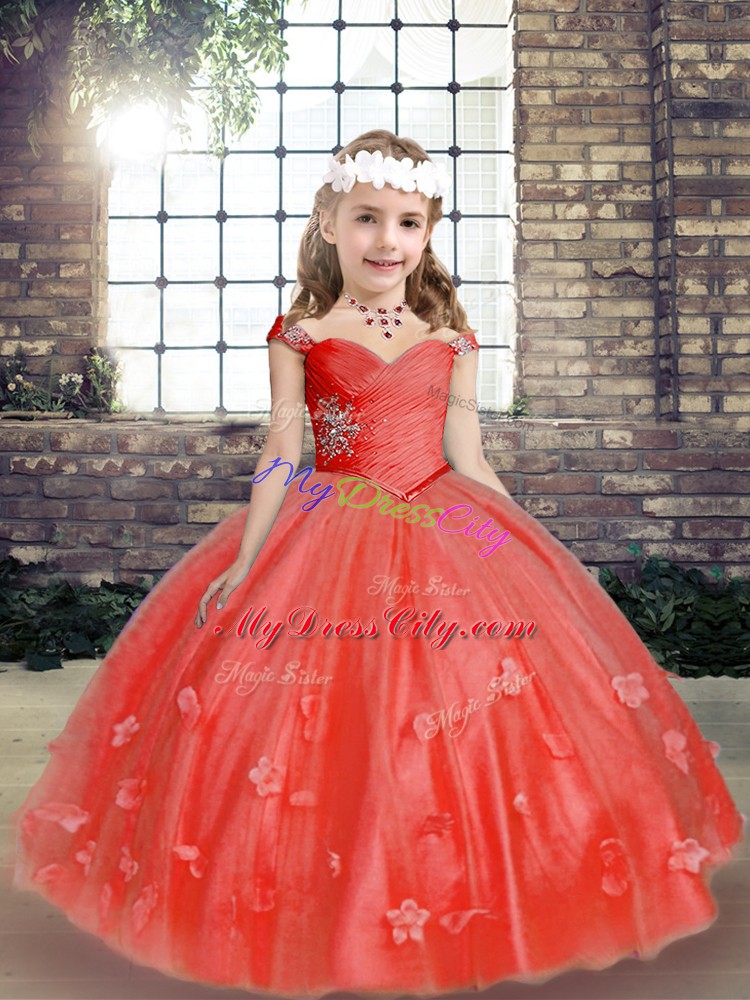 Popular Coral Red Sleeveless Tulle Lace Up Girls Pageant Dresses for Party and Wedding Party