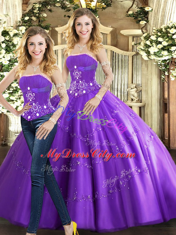 Glittering Purple Tulle Lace Up Strapless Sleeveless Floor Length Sweet 16 Quinceanera Dress Beading