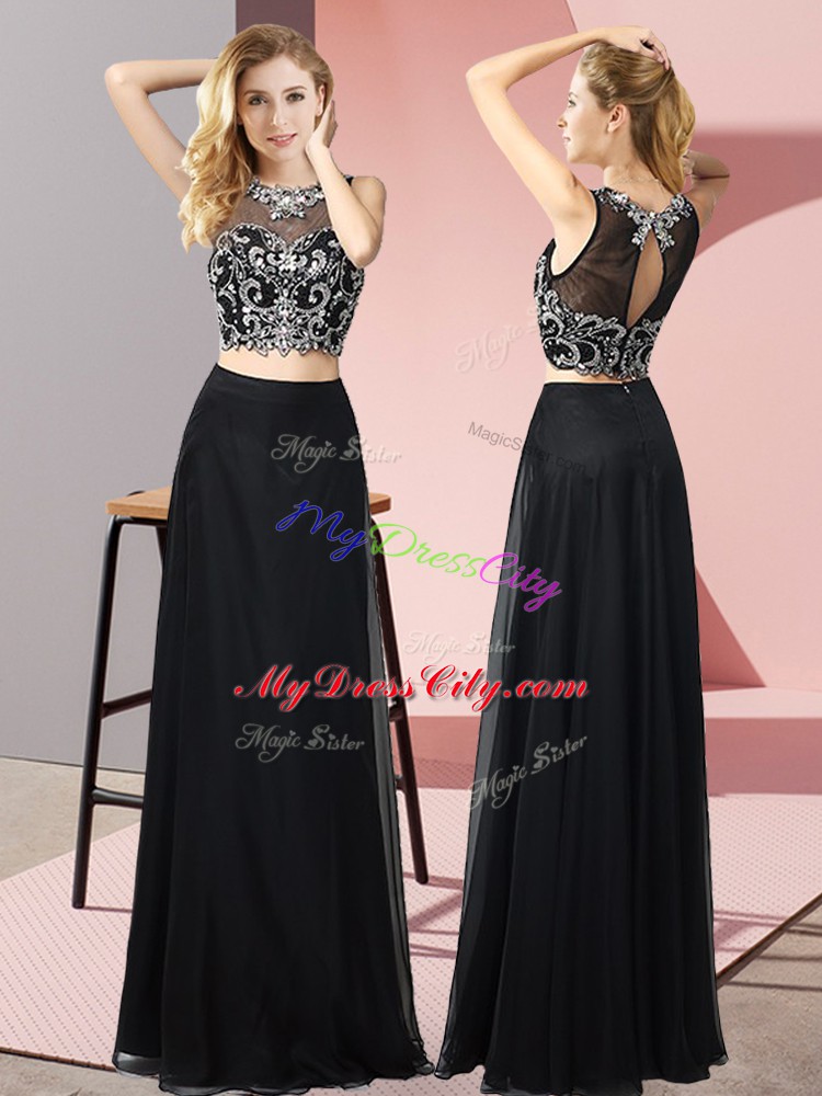 Black Two Pieces Chiffon Scoop Sleeveless Beading Floor Length Backless Homecoming Gowns