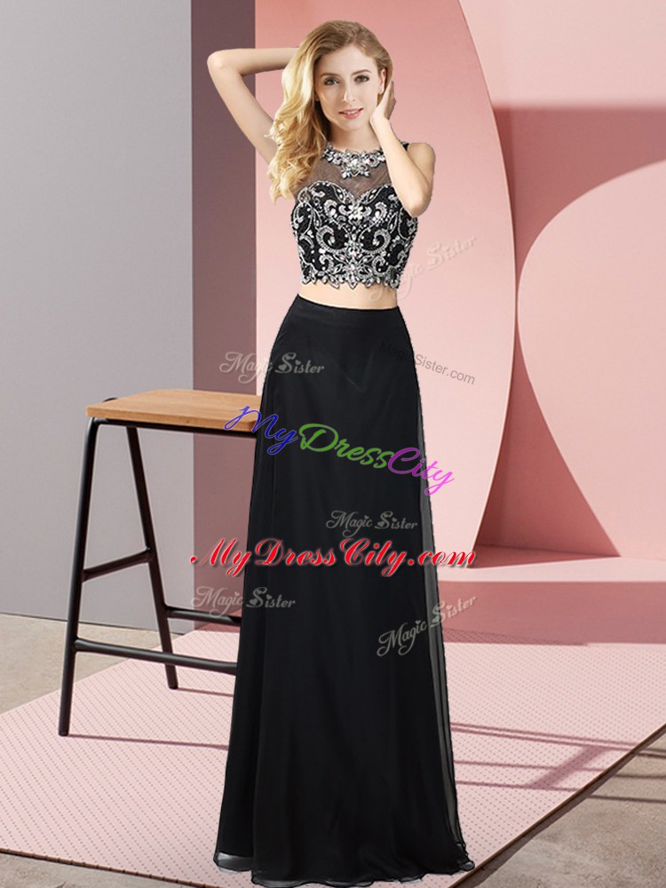 Black Two Pieces Chiffon Scoop Sleeveless Beading Floor Length Backless Homecoming Gowns