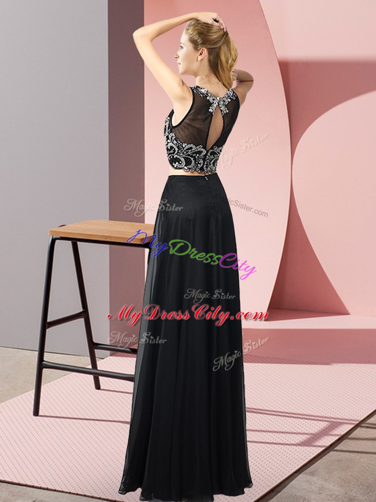 Black Two Pieces Chiffon Scoop Sleeveless Beading Floor Length Backless Homecoming Gowns