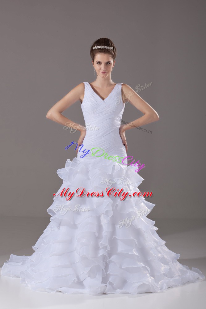 Sexy Ruffled Layers Wedding Gown White Lace Up Sleeveless Brush Train