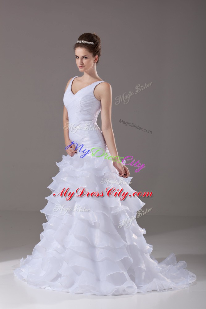 Sexy Ruffled Layers Wedding Gown White Lace Up Sleeveless Brush Train