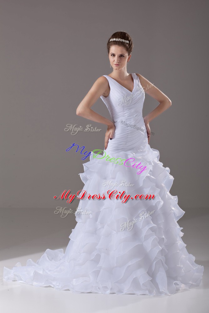 Sexy Ruffled Layers Wedding Gown White Lace Up Sleeveless Brush Train