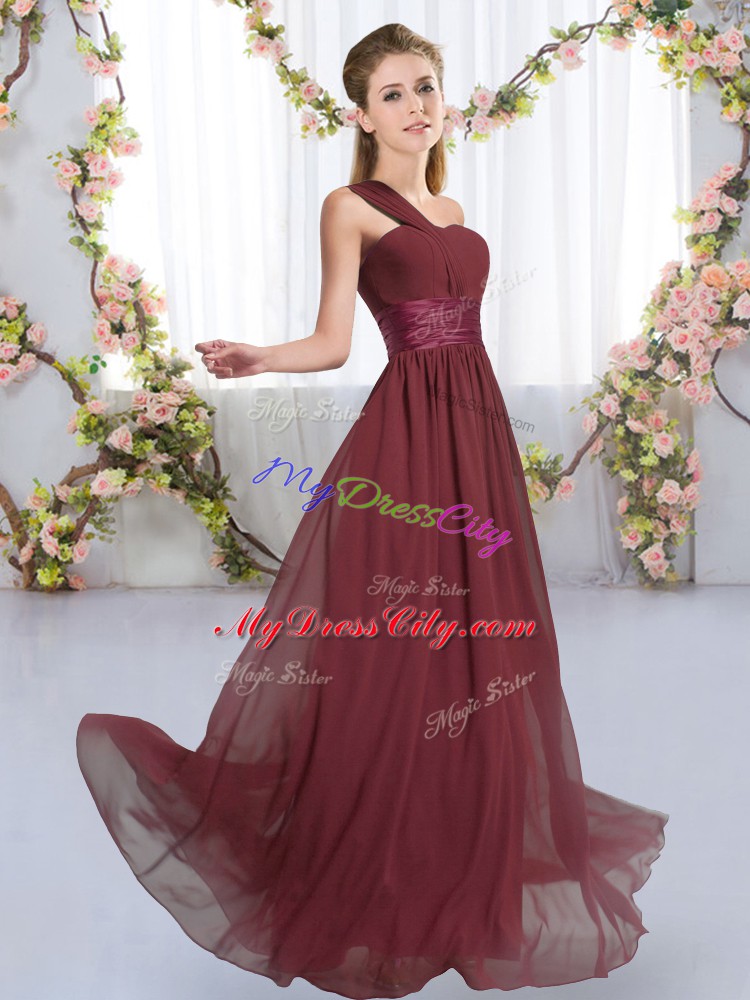 Latest Burgundy Empire Ruching Wedding Guest Dresses Lace Up Chiffon Sleeveless Floor Length