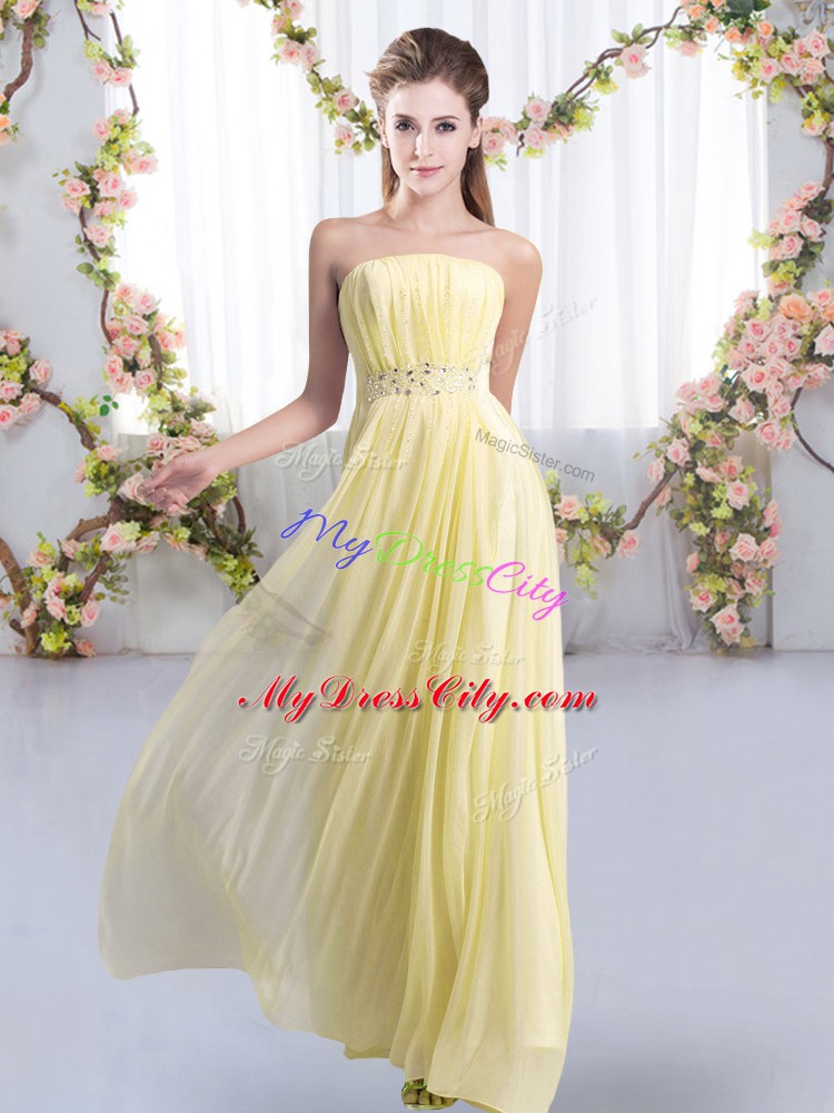 Yellow Bridesmaid Dress Wedding Party with Beading Strapless Sleeveless Sweep Train Lace Up