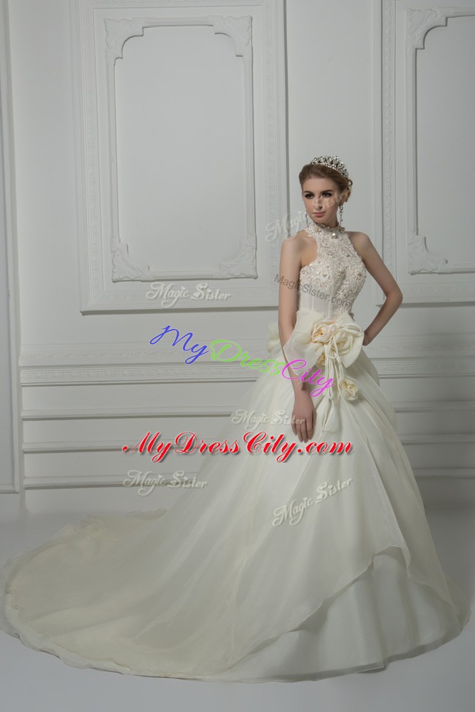 Custom Fit Sleeveless Beading and Lace and Hand Made Flower Zipper Wedding Dress with White Court Train