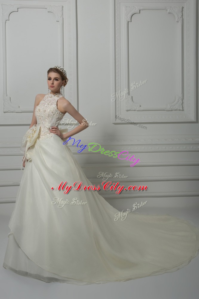 Custom Fit Sleeveless Beading and Lace and Hand Made Flower Zipper Wedding Dress with White Court Train