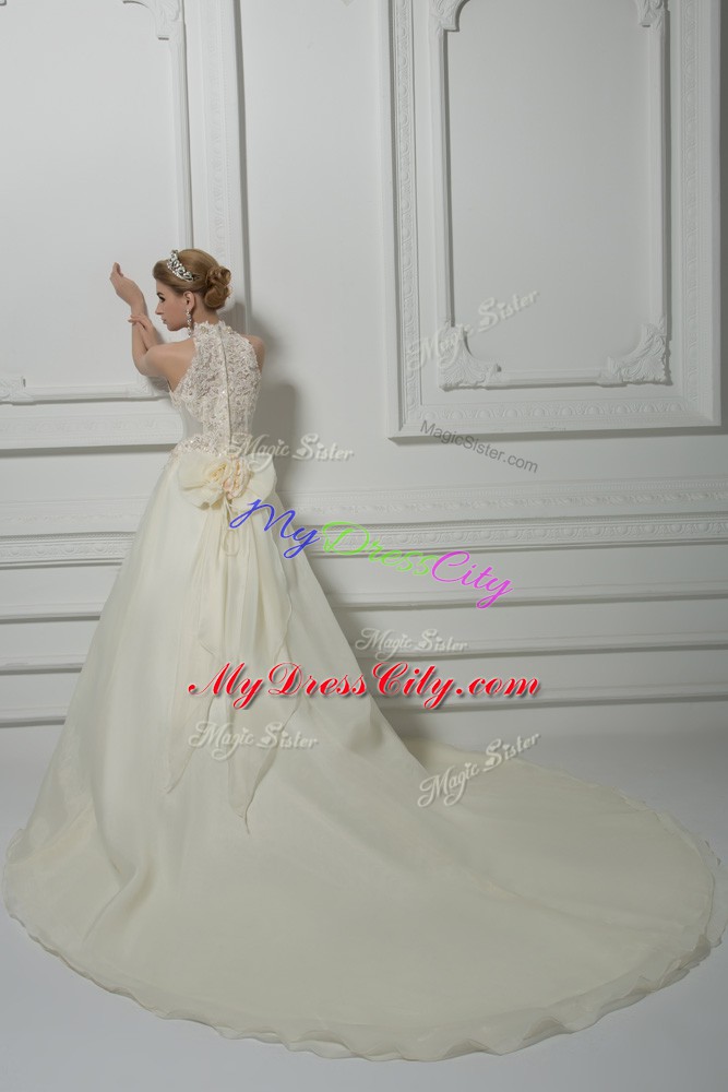 Custom Fit Sleeveless Beading and Lace and Hand Made Flower Zipper Wedding Dress with White Court Train