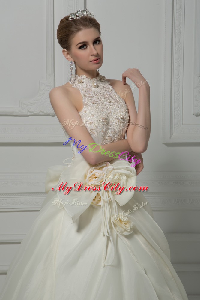 Custom Fit Sleeveless Beading and Lace and Hand Made Flower Zipper Wedding Dress with White Court Train