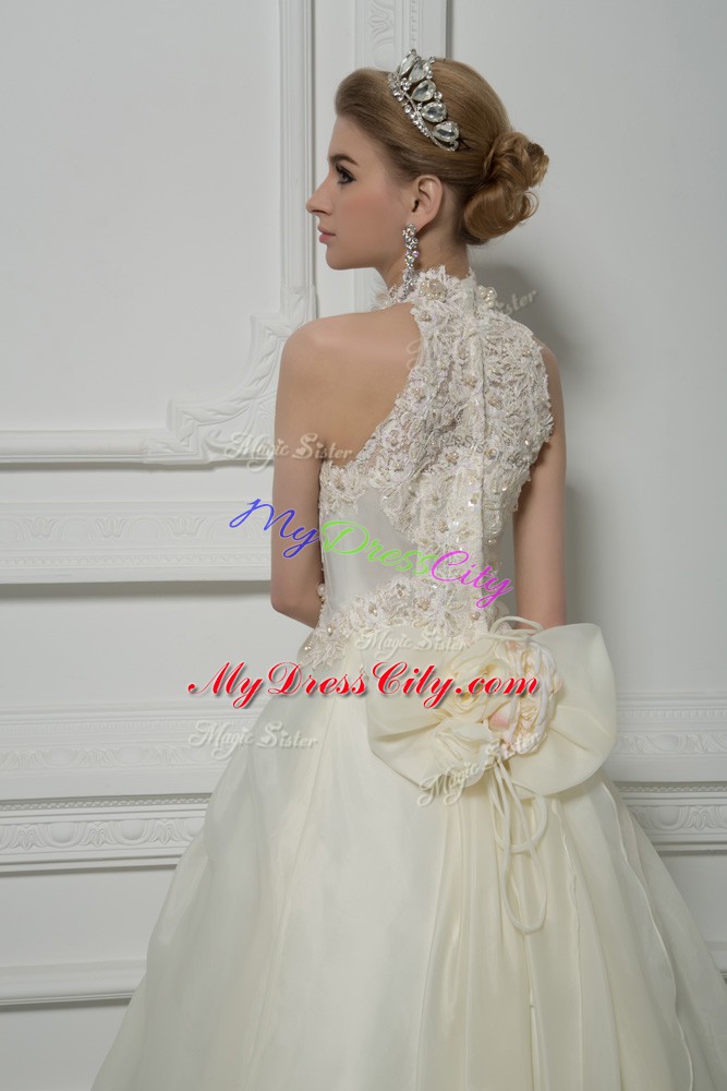 Custom Fit Sleeveless Beading and Lace and Hand Made Flower Zipper Wedding Dress with White Court Train