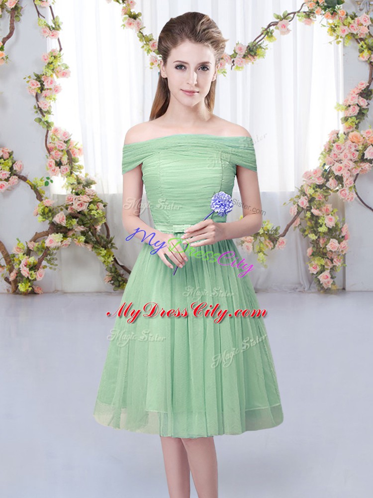 Off The Shoulder Short Sleeves Lace Up Bridesmaid Dress Green Tulle