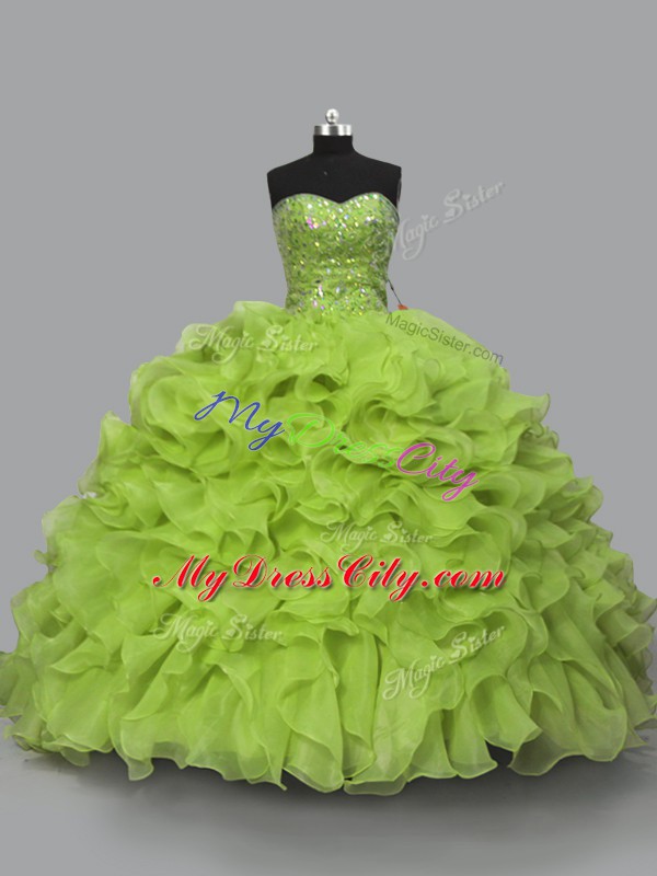 Artistic Yellow Green Ball Gowns Beading and Ruffles Quinceanera Gowns Lace Up Organza Sleeveless Floor Length