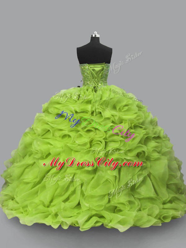 Artistic Yellow Green Ball Gowns Beading and Ruffles Quinceanera Gowns Lace Up Organza Sleeveless Floor Length