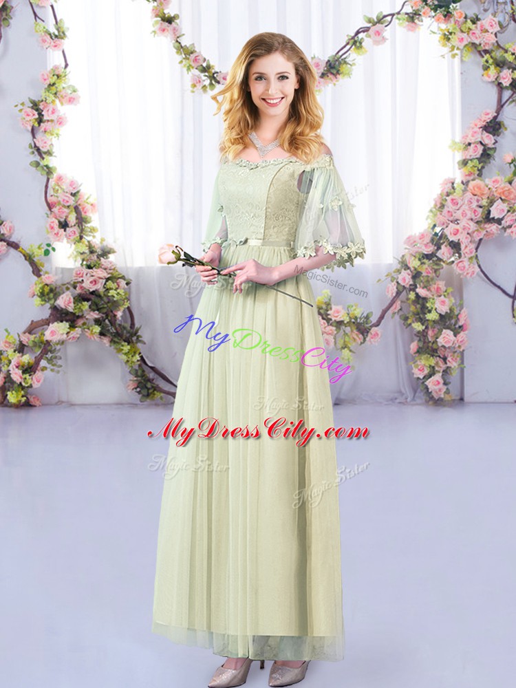 Yellow Green Half Sleeves Tulle Side Zipper Wedding Party Dress for Wedding Party