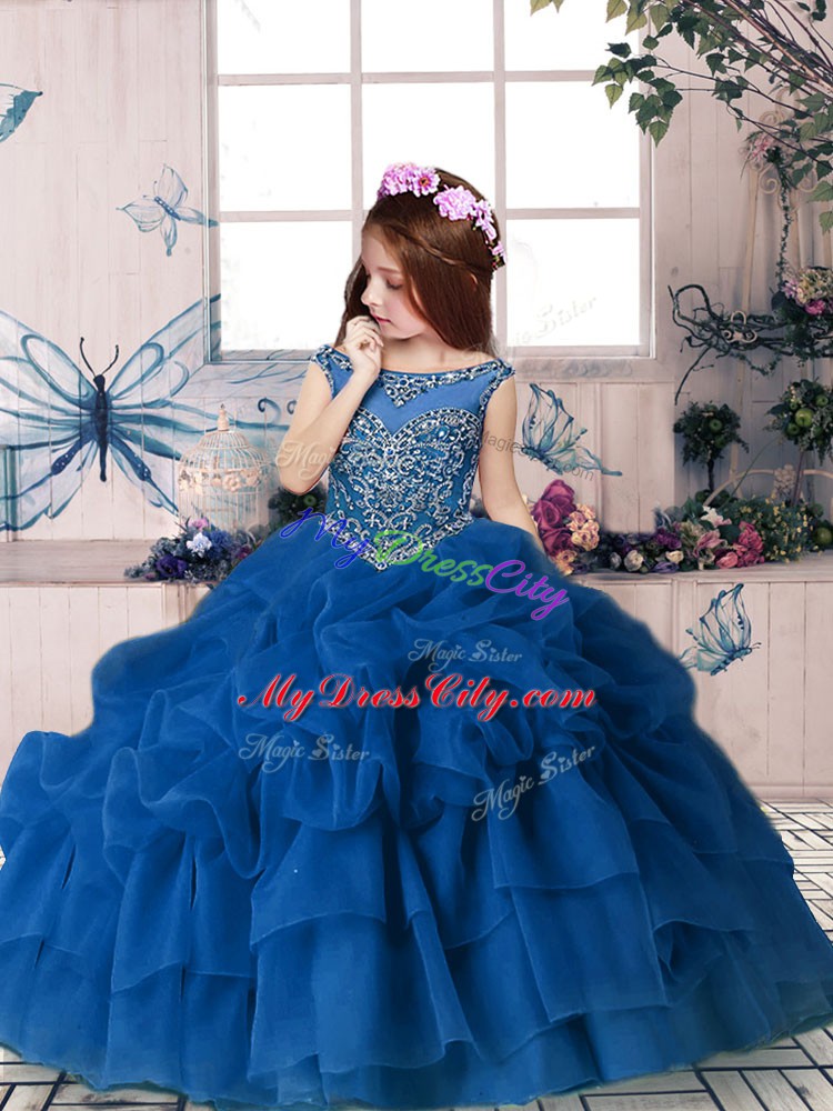 Most Popular Blue Organza Zipper Pageant Dresses Sleeveless Floor Length Beading and Pick Ups