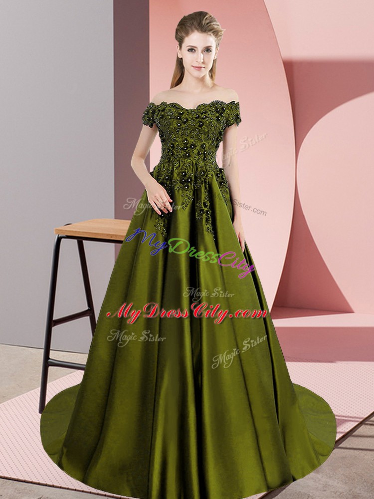 Best Olive Green A-line Satin Off The Shoulder Sleeveless Lace Floor Length Zipper Sweet 16 Dresses