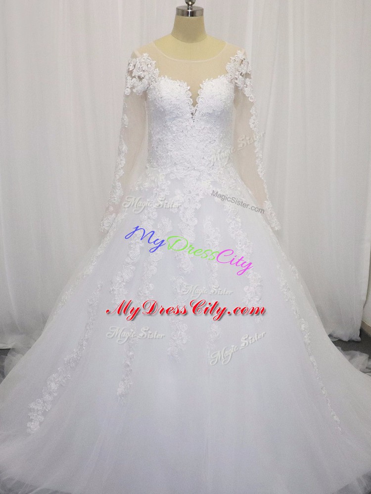 Scoop Long Sleeves Court Train Zipper Wedding Gown White Tulle