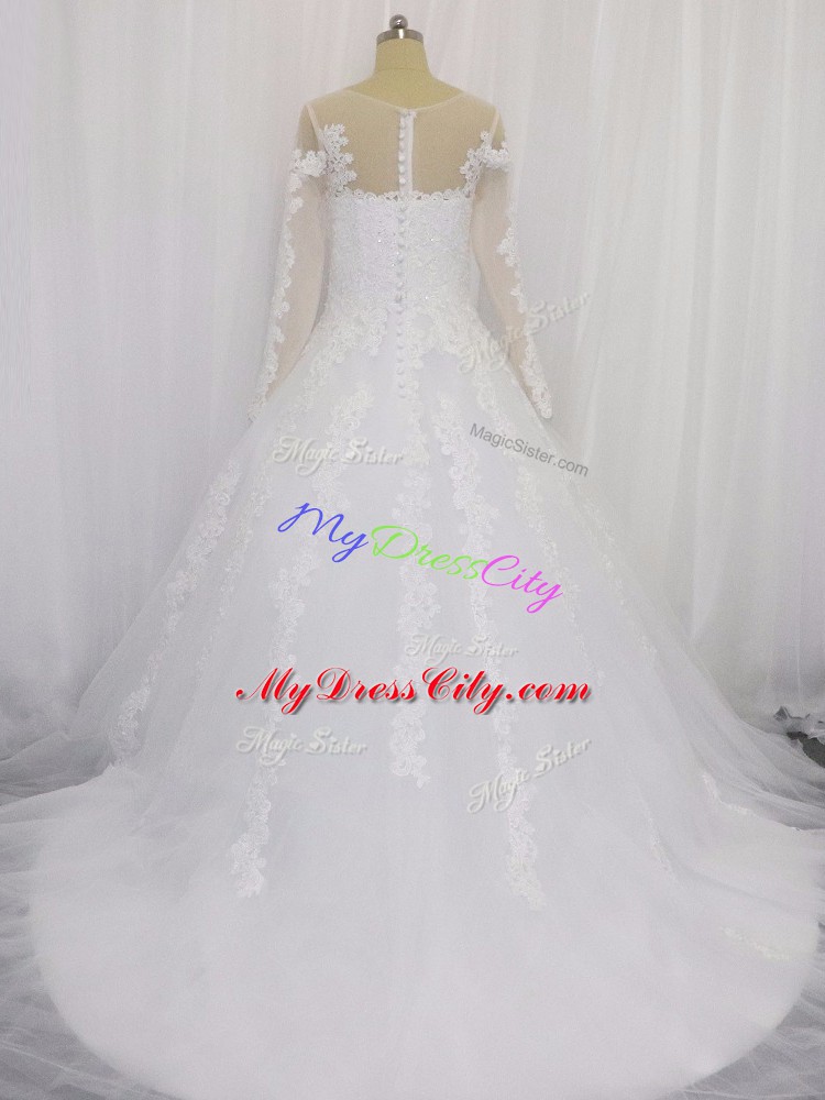 Scoop Long Sleeves Court Train Zipper Wedding Gown White Tulle