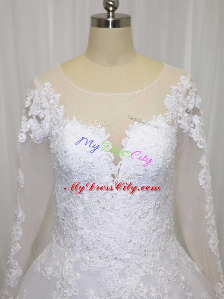 Scoop Long Sleeves Court Train Zipper Wedding Gown White Tulle