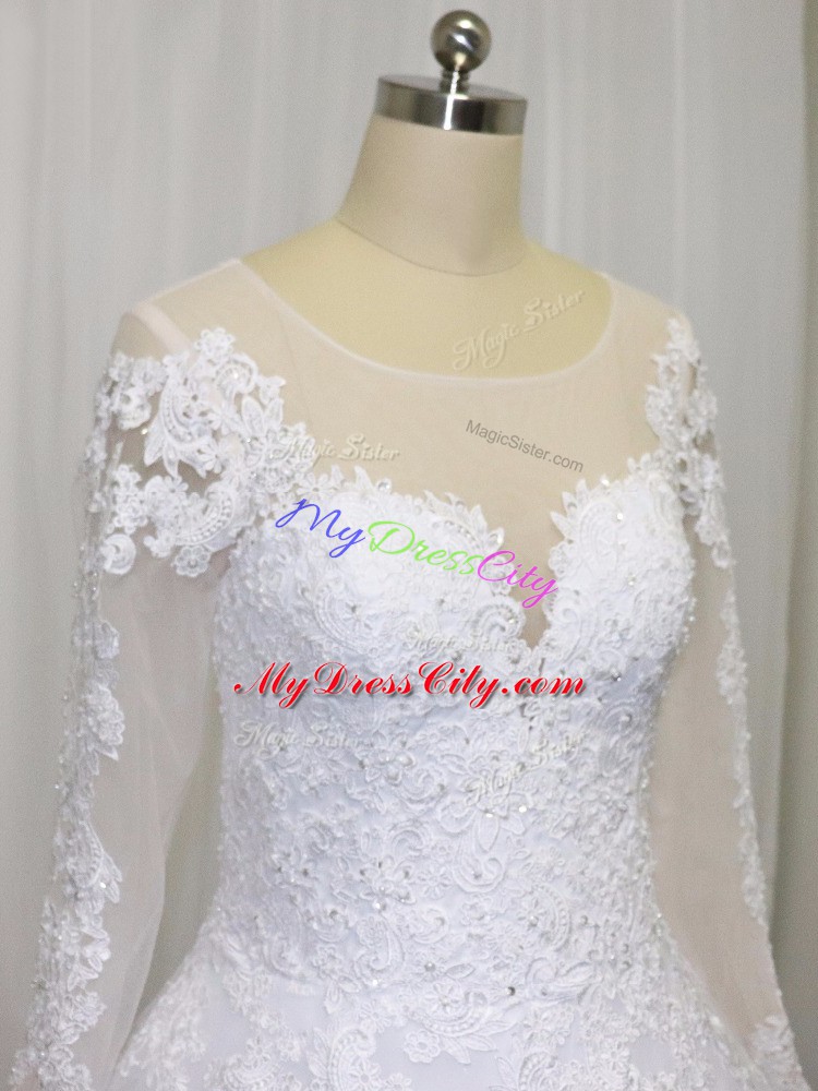 Scoop Long Sleeves Court Train Zipper Wedding Gown White Tulle